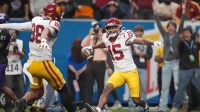 Southern California Trojans wide receiver Jaden Richardson (15) and tight end Taniela Tupou (88) celebrate after a touchdown against the TCU Horned Frogs in the second half during the Alamo Bowl at Alamodome. Mandatory Credit: Kirby Lee-Imagn Images