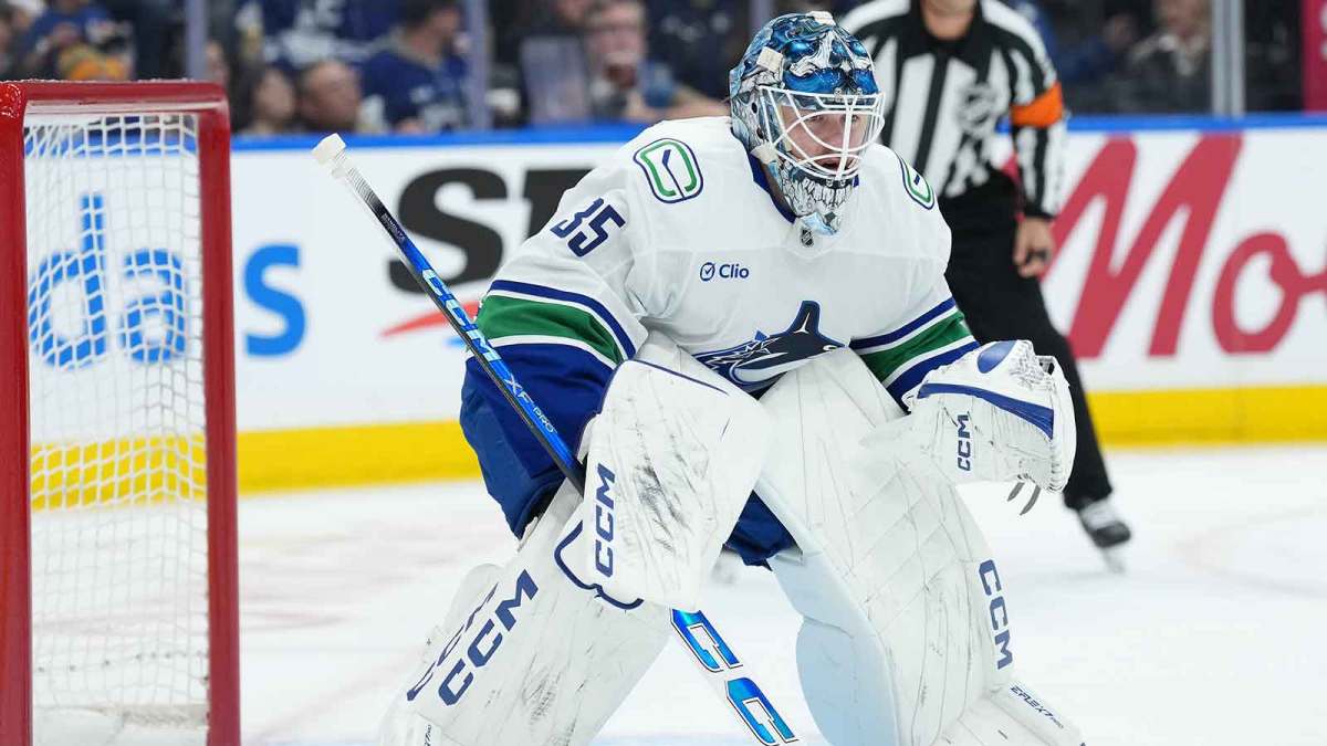 Vancouver Canucks goaltender Thatcher Demko (35) waits for the faceoff against the Toronto Maple Leafs during the first period at Scotiabank Arena.