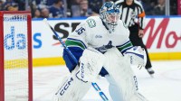 Vancouver Canucks goaltender Thatcher Demko (35) waits for the faceoff against the Toronto Maple Leafs during the first period at Scotiabank Arena.