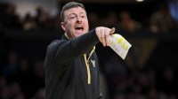 Vanderbilt Commodores head coach Mark Byington yells to his team against the Florida Gators during the first half at Memorial Gymnasium.