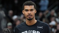 San Antonio Spurs forward Victor Wembanyama (1) after the game against the New York Knicks at Frost Bank Center.