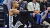 San Antonio Spurs forward/center Victor Wembanyama (1) sits up after being tripped during the second half against the Utah Jazz at Delta Center.