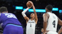 San Antonio Spurs forward Victor Wembanyama (1) shoots a free throw against the Utah Jazz during the second half at Frost Bank Center.