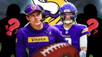 Minnesota Vikings head coach Kevin O'Connell with QB J.J. McCarthy and two silhouettes of American football players with big question mark emojis inside. There is also a logo for the Minnesota Vikings.