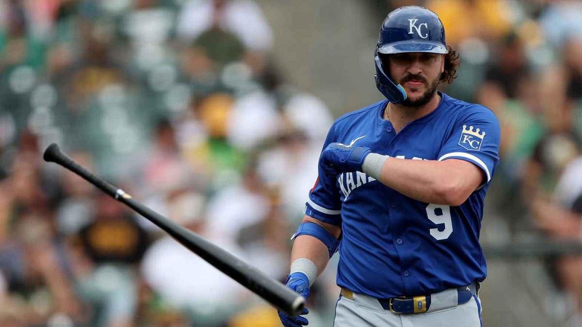 Kansas City Royals first baseman Vinnie Pasquantino (9) reacts at striking out against the Athletics during the fourth inning at Sutter Health Park.