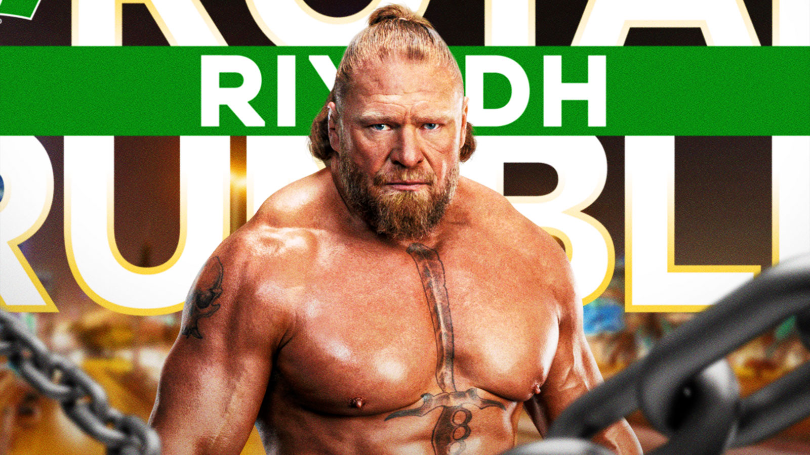 WWE Superstar Brock Lesnar with 2026 Royal Rumble logo.