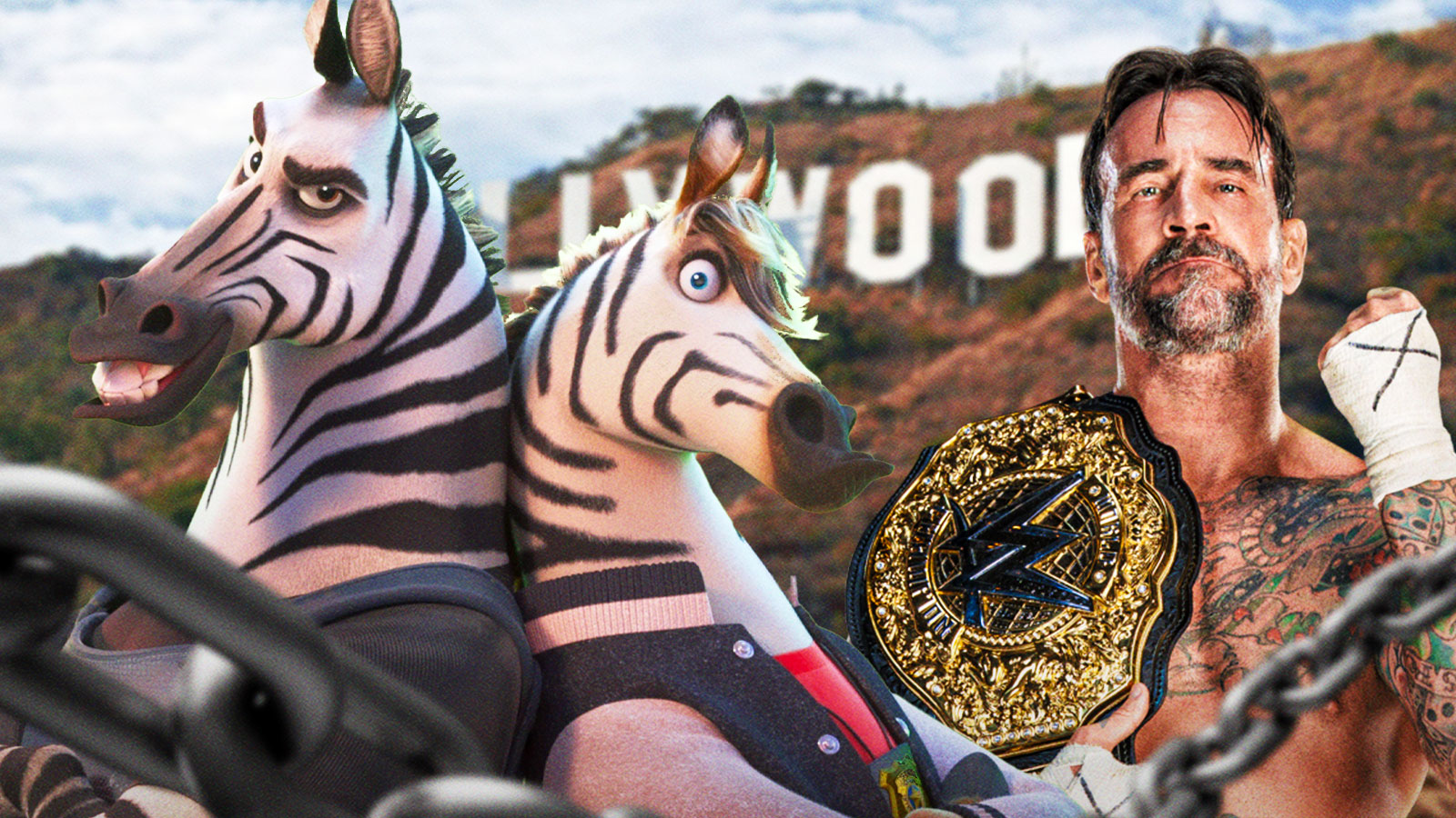 Zebros from Zootopia 2 with WWE World Heavyweight Champion CM Punk and Hollywood sign in background.