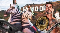 Zebros from Zootopia 2 with WWE World Heavyweight Champion CM Punk and Hollywood sign in background.