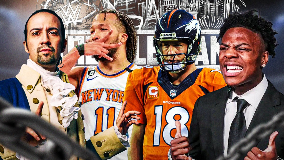 Lin-Manuel Miranda, Jalen Brunson, Peyton Manning, and IShowSpeed with the WWE WrestleMania 42 logo.