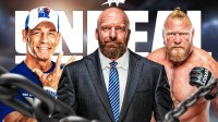 WWE stars John Cena, Paul Triple H Levesque, and Brock Lesnar with Unreal Netflix show logo.
