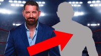 WWE commentator Wade Barrett with arrow pointing at silhouette of him to represent his new hair look.