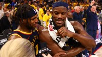 Warriors guard Buddy Hield (7) celebrates with forward Jimmy Butler III (10) as he speaks to TNT after the game four of the 2025 NBA Playoffs first round against the Houston Rockets at Chase Center
