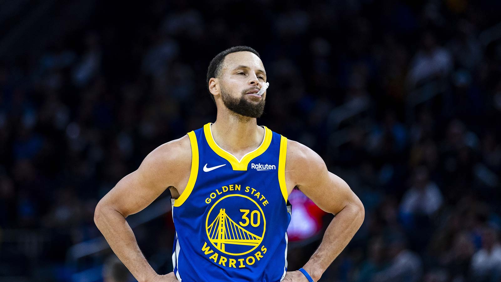 Warriors guard Stephen Curry (30) reacts during the third quarter against the Utah Jazz at Chase Center