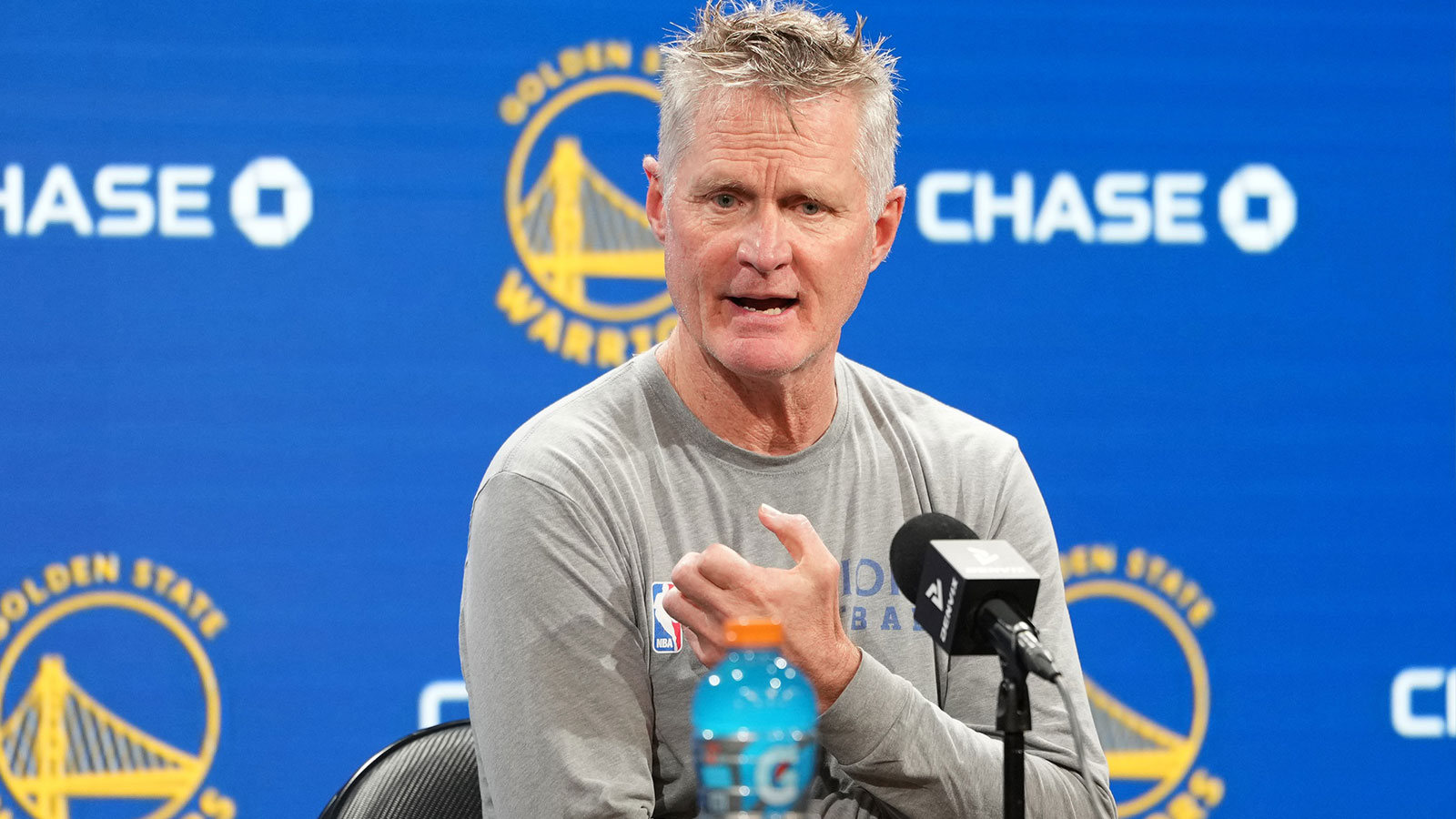 Warriors head coach Steve Kerr talks to media members before the game against the Oklahoma City Thunder at Chase Center