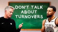 Steve Kerr and Steph Curry at a chalkboard with the sentence "Don't talk about turnovers" written Golden State Warriors