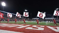 Washington State Cougars cheerleaders celebrate after a touchdown against the Oregon State Beavers in the second half at Gesa Field at Martin Stadium.