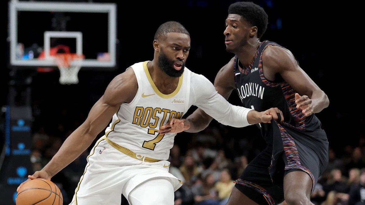 Boston Celtics guard Jaylen Brown (7) drives to the basket against Brooklyn Nets guard Drake Powell (4) during the second quarter at Barclays Center.