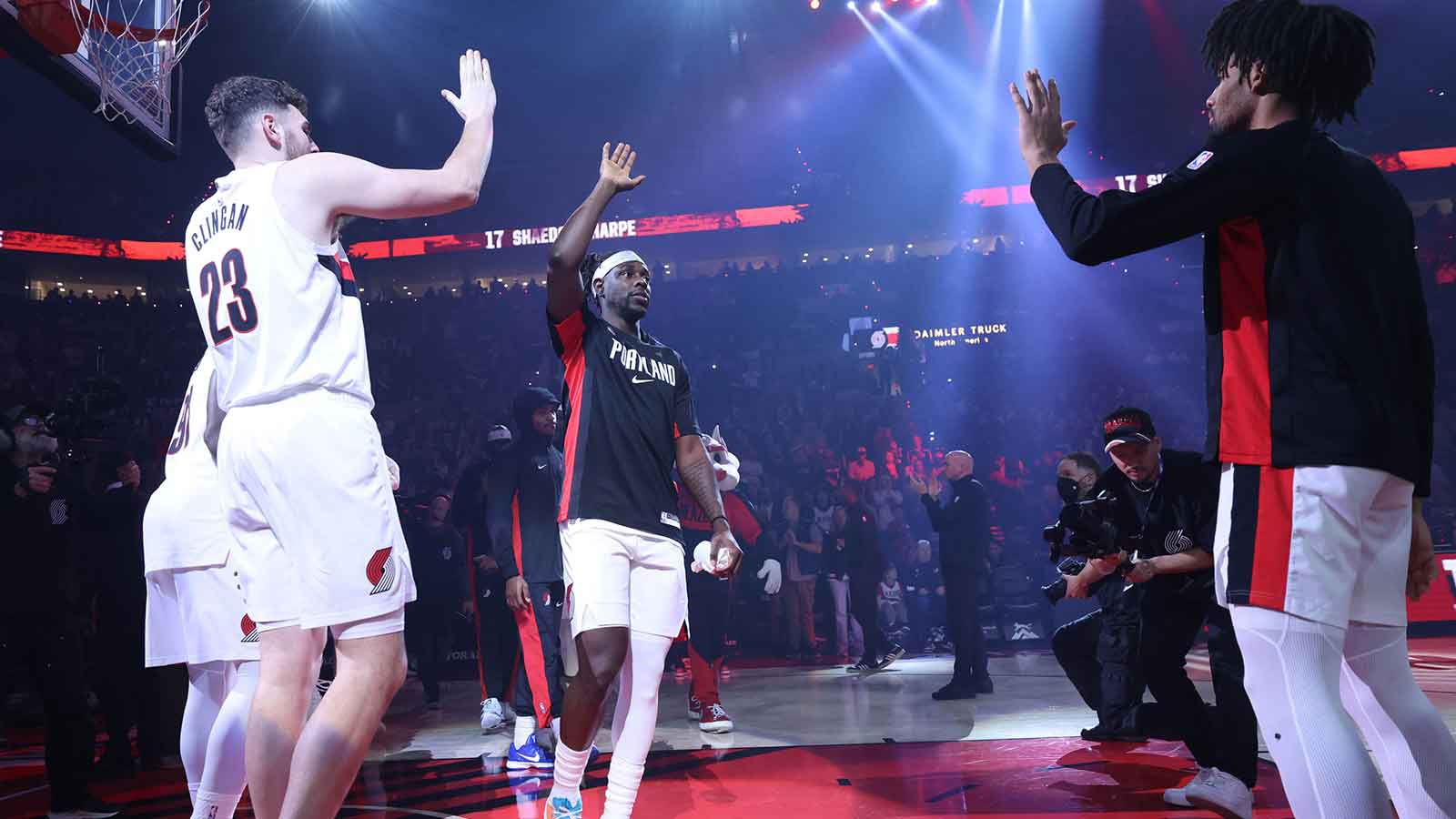 Portland Trail Blazers guard Jrue Holiday (5) enters the line up to play against the Atlanta Hawks at Moda Center.