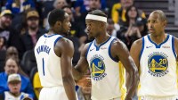Golden State Warriors forward Jimmy Butler III (10) reacts towards forward Jonathan Kuminga (1) during the second quarter against the Portland Trail Blazers at Chase Center.