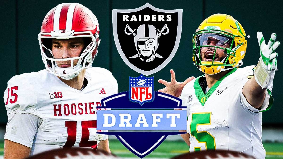 Raiders logo and NFL Draft logo front and center. Dante Moore and Fernando Mendoza on the graphic.