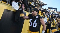 Pittsburgh Steelers linebacker Alex Highsmith (56) celebrates with fans following a game against the Cleveland Browns at Acrisure Stadium.