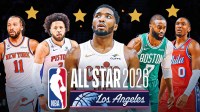 Donovan Mitchell looking at Jalen Brunson, Cade Cunningham, Jaylen Brown, and Tyrese Maxey with the 2026 NBA All-Star Game background.
