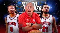 Houston HC Kelvin Sampson (front, center) with Houston PG Kingston Flemings and Houston G Emanuel Sharp. March Madness logo behind them.