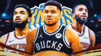 Karl-Anthony Towns Knicks, Giannis Antetokounmpo Bucks, Mikal Bridges Knicks with New York City behind them