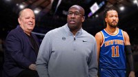 Knicks Mike Brown, Knicks Leon Rose, Knicks Jalen Brunson in front of Madison Square Garden