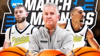 Purdue HC Matt Painter (front, center) with Purdue PG Braden Smith and Purdue C Trey Kaufman-Renn. March Madness logo in background