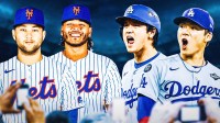 Bo Bichette and Freddy Peralta in Mets uniforms opposite Shohei Ohtani and Yoshinobu Yamamoto in their Dodgers uniforms with Dodger Stadium as the background.