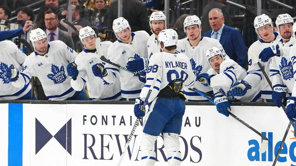 Toronto Maple Leafs right wing William Nylander (88) celebrates with team mates after scoring a goal against the Vegas Golden Knights during the first period at T-Mobile Arena.