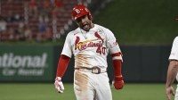 St. Louis Cardinals first baseman Willson Contreras (40) celebrates after hitting a RBI single against the Cincinnati Reds in the sixth inning at Busch Stadium.