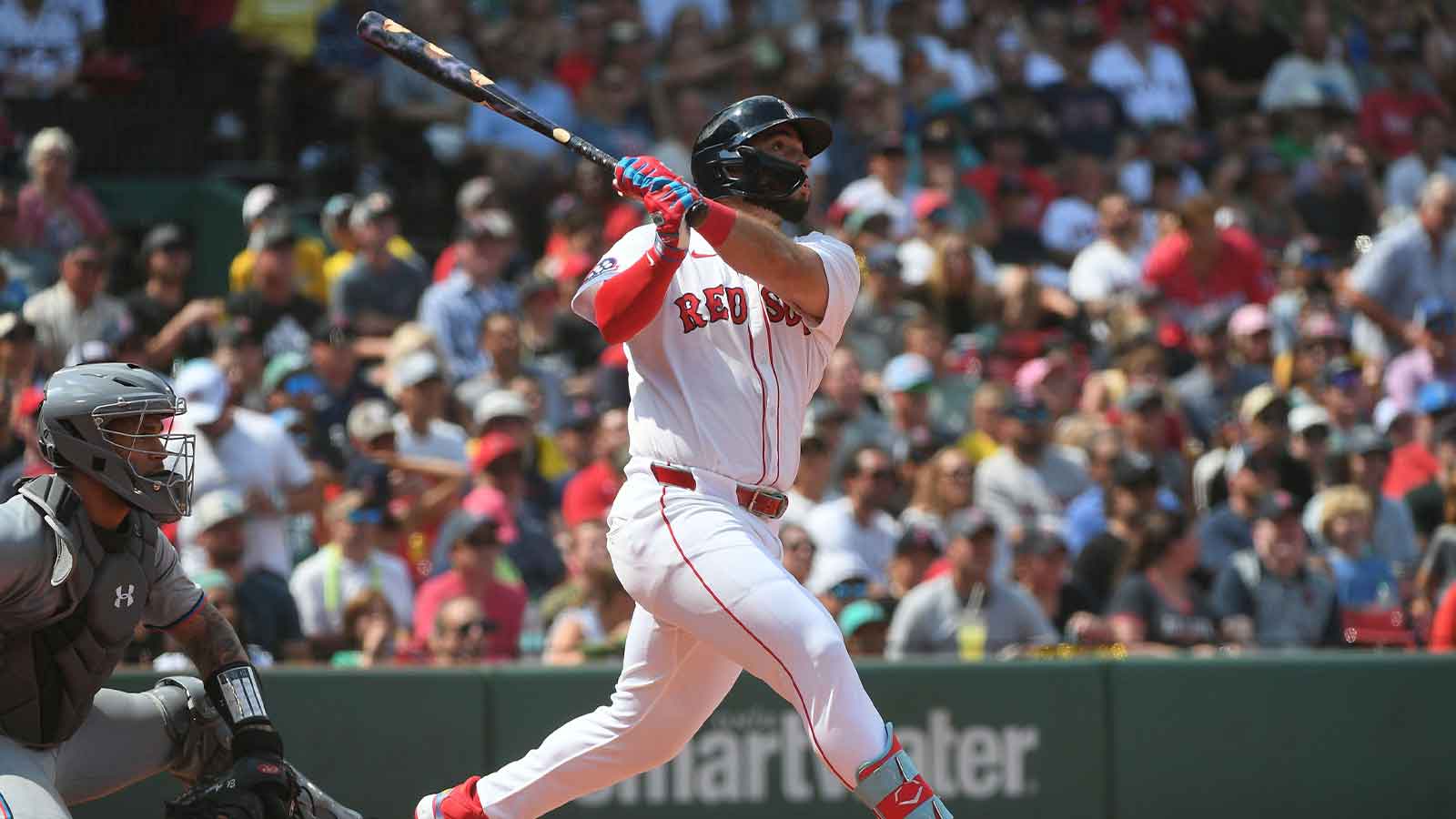 Boston Red Sox right fielder Wilyer Abreu (52) hits a two run home run during the fourth inning against the Miami Marlins at Fenway Park. 