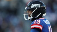 New York Giants quarterback Jameis Winston (19) looks on during the fourth quarter against the Washington Commanders at MetLife Stadium.