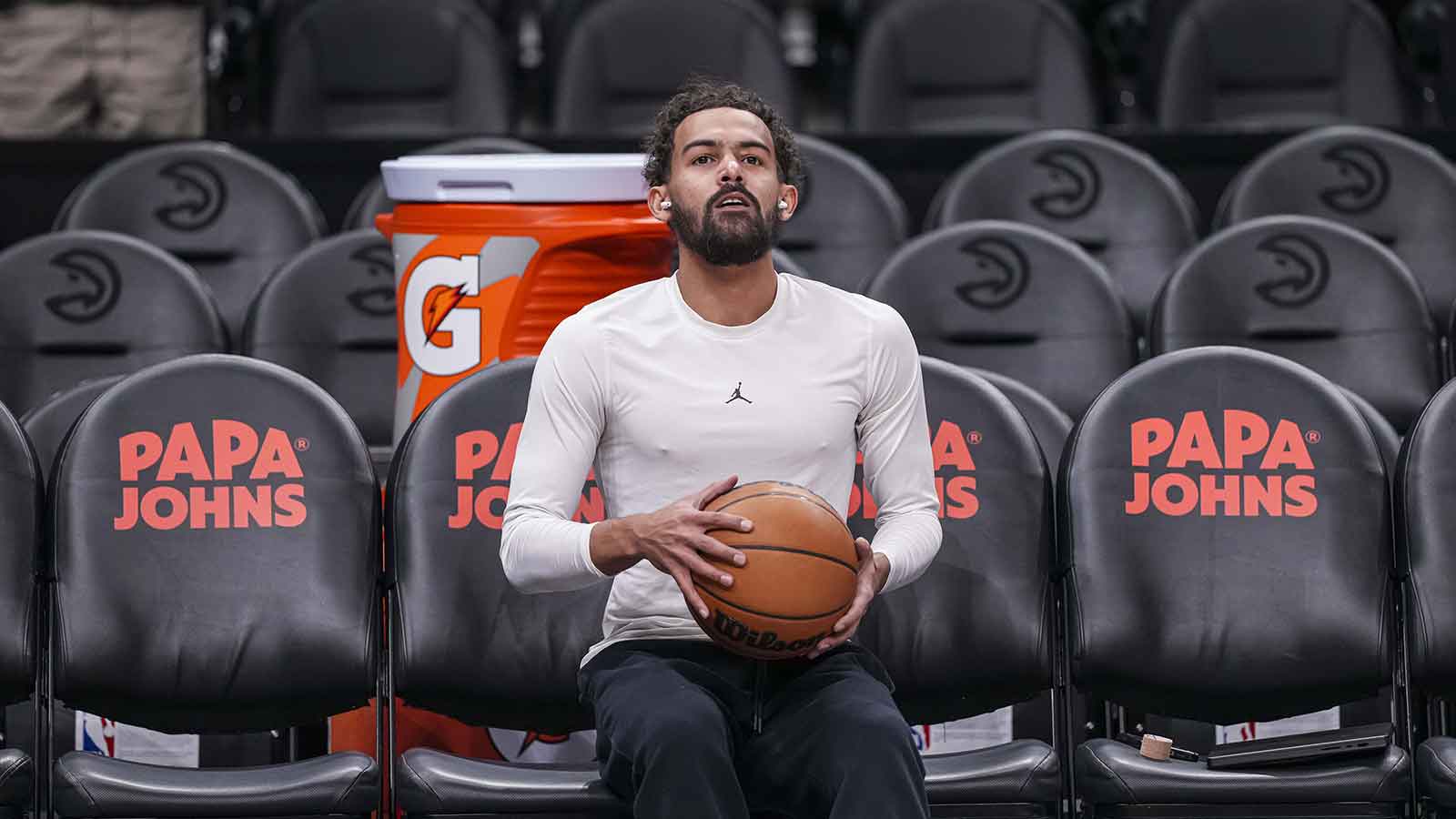 Former Atlanta Hawks guard Trae Young (11) shown on the court before the game against the New Orleans Pelicans at State Farm Arena.