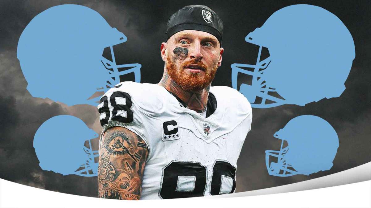 Maxx Crosby in the middle, 4 mystery NFL helmets around him, Dark clouds in the background