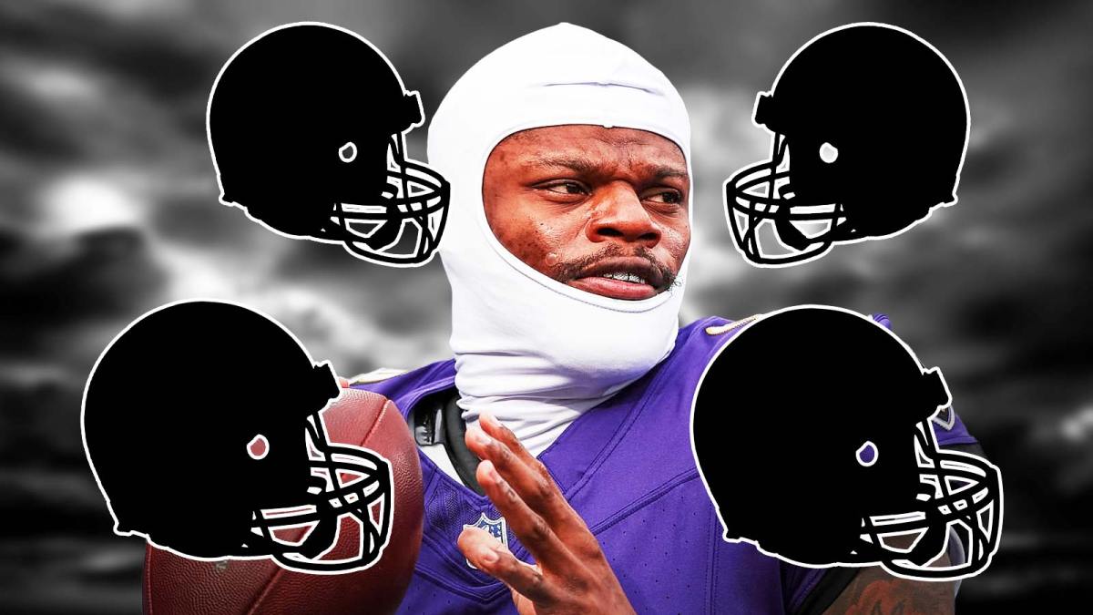 Lamar Jackson in the middle, 4 mystery NFL helmets around him, Dark clouds in the background