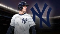 Yankees Cody Bellinger on left, Yankees logo on right. Yankee Stadium in background.