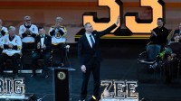 Former Boston Bruins Captain Zdeno Chara is introduced at a ceremony to retire his number before a game between the Boston Bruins and the Seattle Kraken at TD Garden