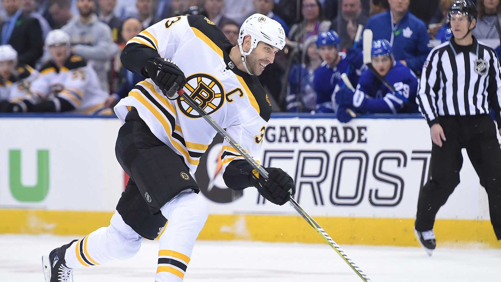 Boston Bruins defenceman Zdeno Chara (33) hits a slapshot against Toronto Maple Leafs in game three of the first round of the 2018 Stanley Cup Playoffs at Air Canada Centre.