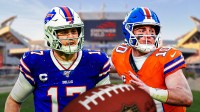 Josh Allen on one side, Bo Nix on the other side, Mile High Stadium in the background