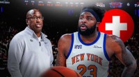 Mitchell Robinson Knicks, Mike Brown Knicks, and red medical cross with Madison Square Garden behind them knicks-news-new-york-mitchell-robinsons-injury-healthy-playoff-run