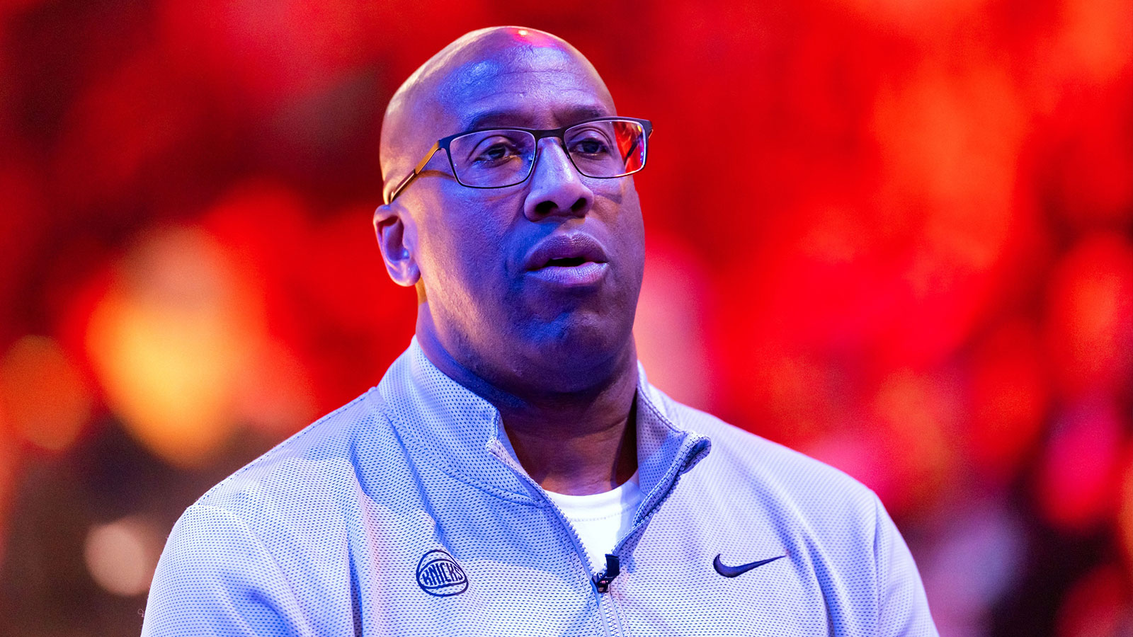 Jan 9, 2026; Phoenix, Arizona, USA; New York Knicks head coach Mike Brown against the Phoenix Suns at Mortgage Matchup Center. Mandatory Credit: Mark J. Rebilas-Imagn Images