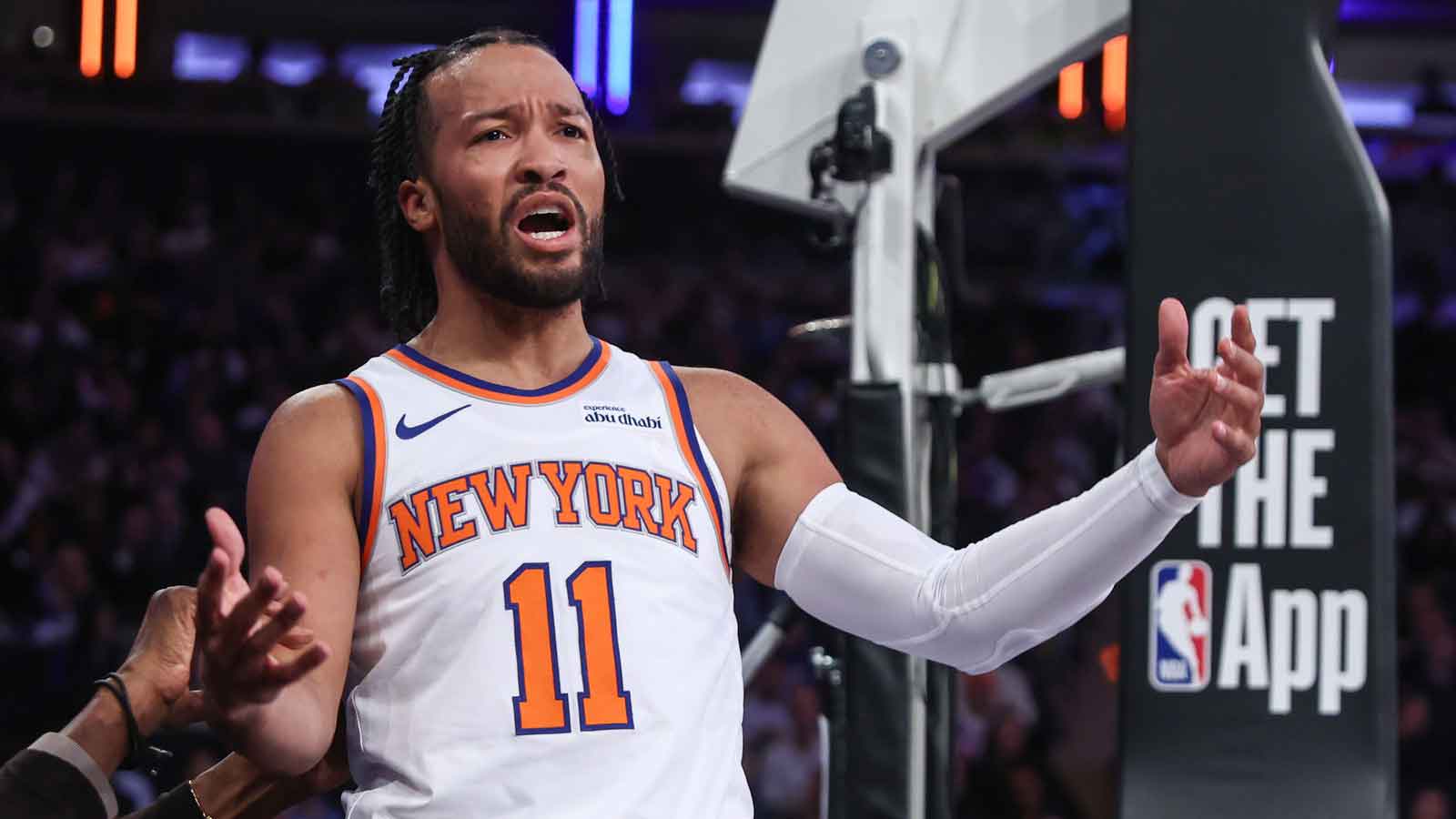 Nov 12, 2025; New York, New York, USA; New York Knicks guard Jalen Brunson (11) reacts after getting called for a foul in the first quarter against the Orlando Magic at Madison Square Garden. Mandatory Credit: Wendell Cruz-Imagn Images