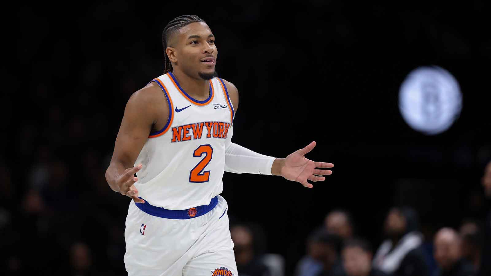 Caption:Nov 24, 2025; Brooklyn, New York, USA; New York Knicks guard Miles McBride (2) reacts after a basket against the Brooklyn Nets during the second half at Barclays Center. Mandatory Credit: Vincent Carchietta-Imagn Images