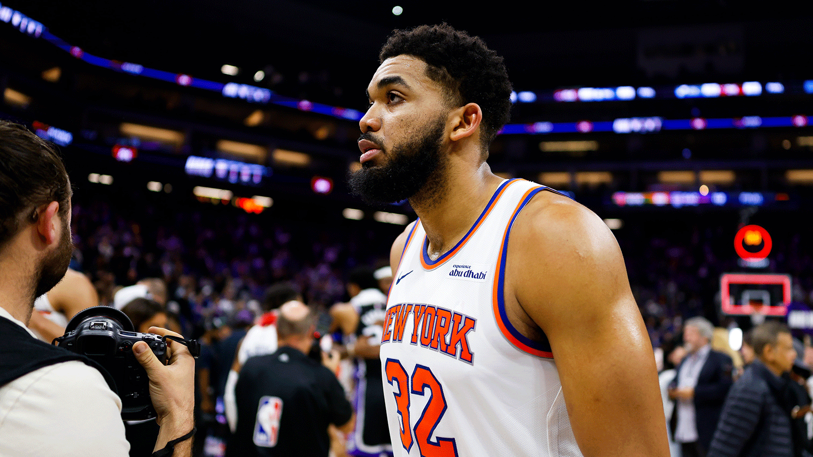 Jan 14, 2026; Sacramento, California, USA; New York Knicks center Karl-Anthony Towns (32) walks off the court after the game against the Sacramento Kings at Golden 1 Center. Mandatory Credit: Sergio Estrada-Imagn Images