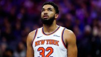 Jan 14, 2026; Sacramento, California, USA; New York Knicks center Karl-Anthony Towns (32) looks up during the third quarter against the Sacramento Kings at Golden 1 Center. Mandatory Credit: Sergio Estrada-Imagn Images