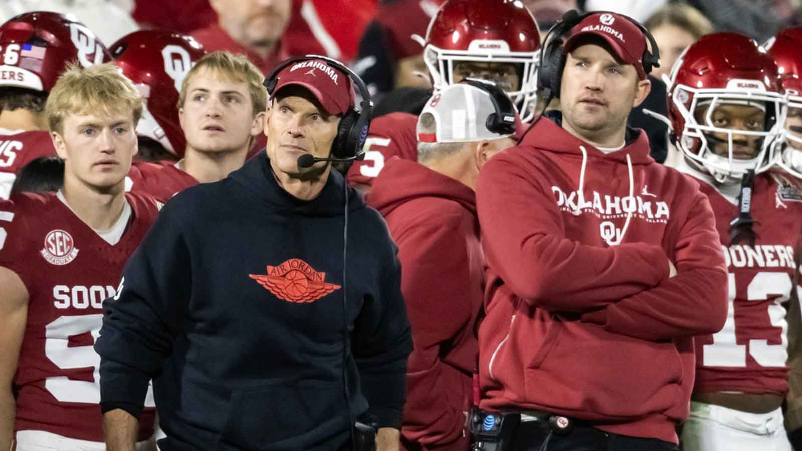 Oklahoma Sooners head coach Brent Venables (left) and inside linebackers coach Nate Dreiling against the Alabama Crimson Tide during the CFP National Playoff First Round at Gaylord Family Oklahoma Memorial Stadium.