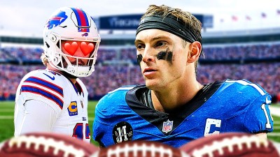 Bills QB Josh Allen with heart emojis over his eyes looking at a silhouette of Alec Pierce.